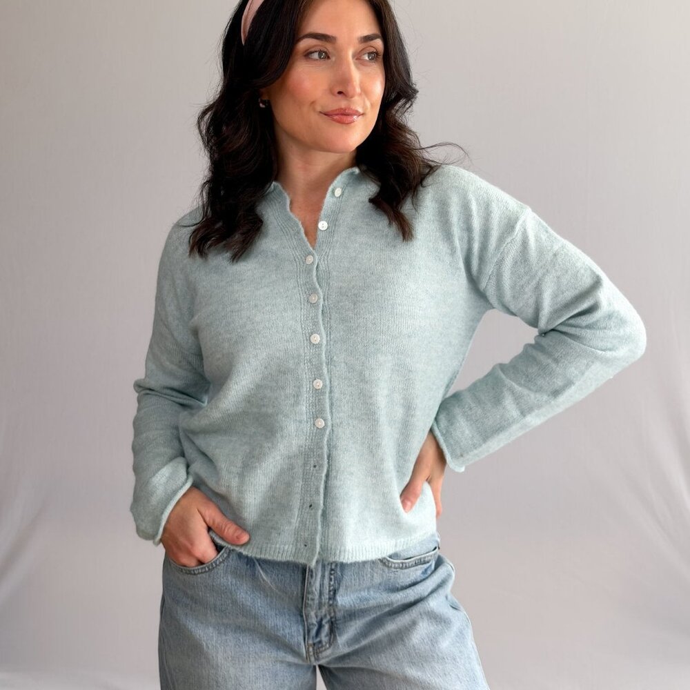 Women’s Pastel Turquoise Trending Knit Cardigan  – Soft Stretch Knit